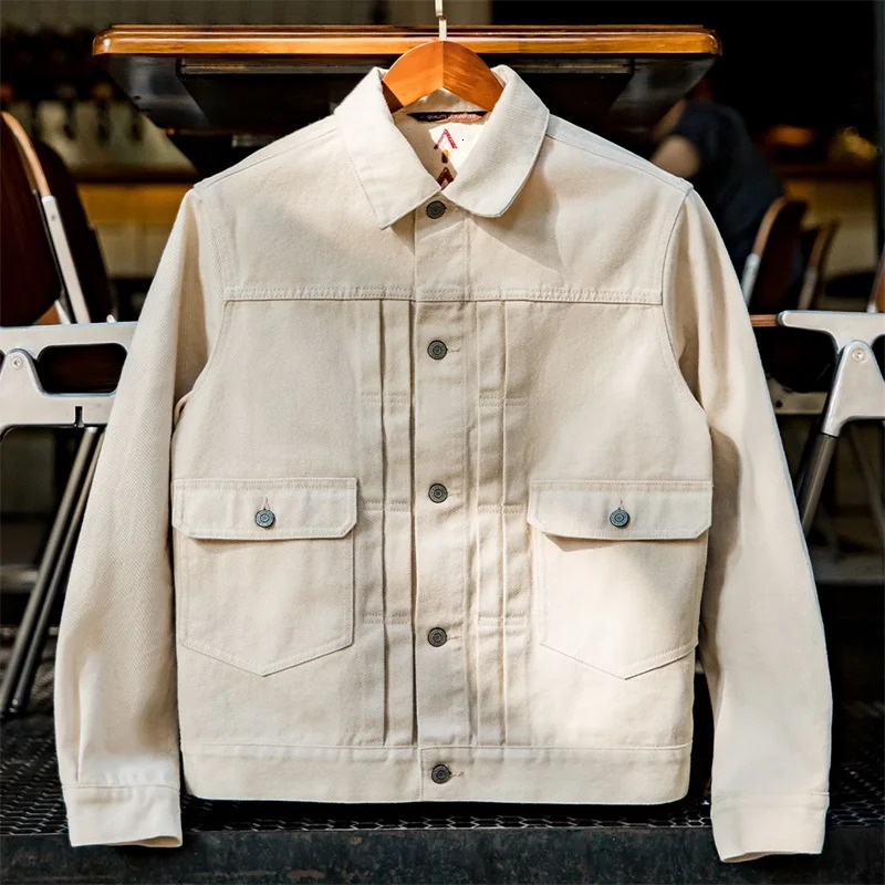 Maden retro white denim jacket mens cotton ultrathin fit fashionable streetwear highquality clothing 250312