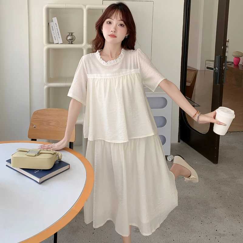 Pregnant Womens Summer Dress Short Sleeve Ruffled Collar Faux Two Pieces Maternity Clothes Sweet Pregnancy Midi Dress WholesaleT250311