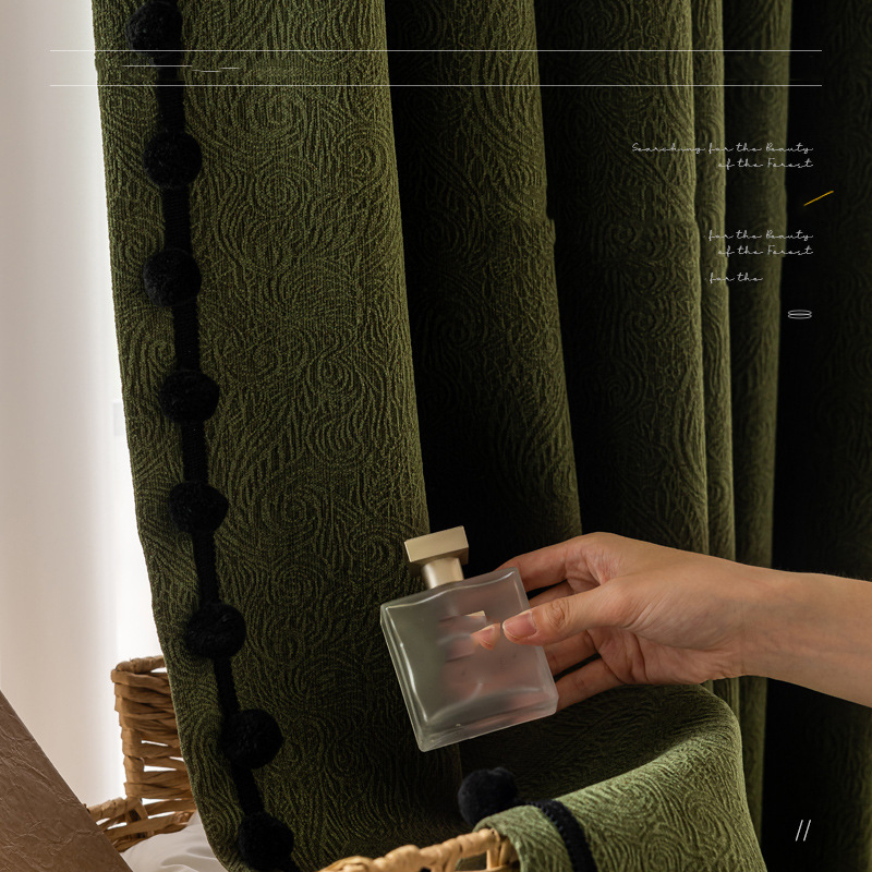 T0391 Manyunli retro curtains dark green French jacquard blackout chenille curtains can be added with lace shape Curtain