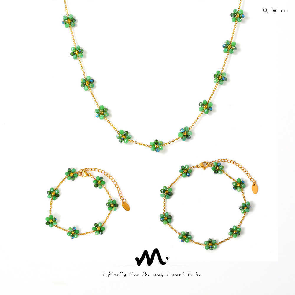 Bohemian bead necklace bracelet anklet handmade girl flower glass bead titanium steel chain jewelry set W250312