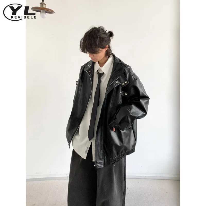 Street Stand Collar Pilot Jacket Men Vintage Pu Leather Motorcycle Jackets Loose Windbreak Coats Woman Oversized Bomber OutwearT250311