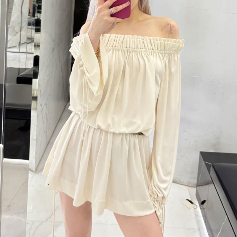 Women's Off-Shoulder Mini Tie-Waist Dress Fashion Long Sleeve Pleated Waist-Defining Solid Color Trendy Sexy Early Spring Luxury Designer High-Qu