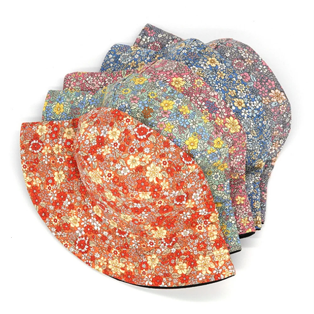 Spring and Summer Small Floral Print Bucket Hat Trend Flower DoubleSided Male Wild Basin Sun Woman Cap 250304
