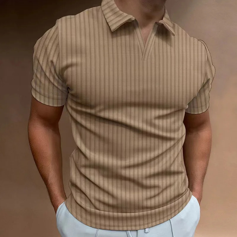 Summer Solid Color Polo Shirt Vneck Striped High Elasticity Thin Short Sleeve Mens Tshirt 250312