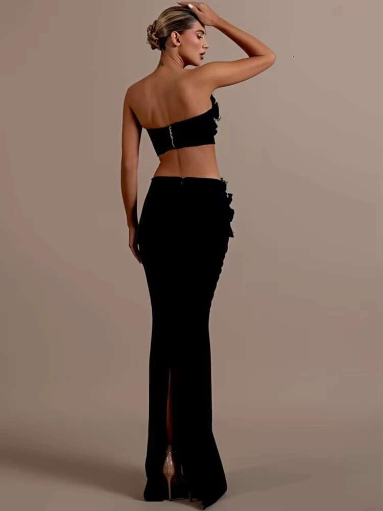 Women's Strapless Wer Dias Crystal Black Maxi Long Bandage Skirt Set 2024 Knitted Elegant Evening Club Party Clothing