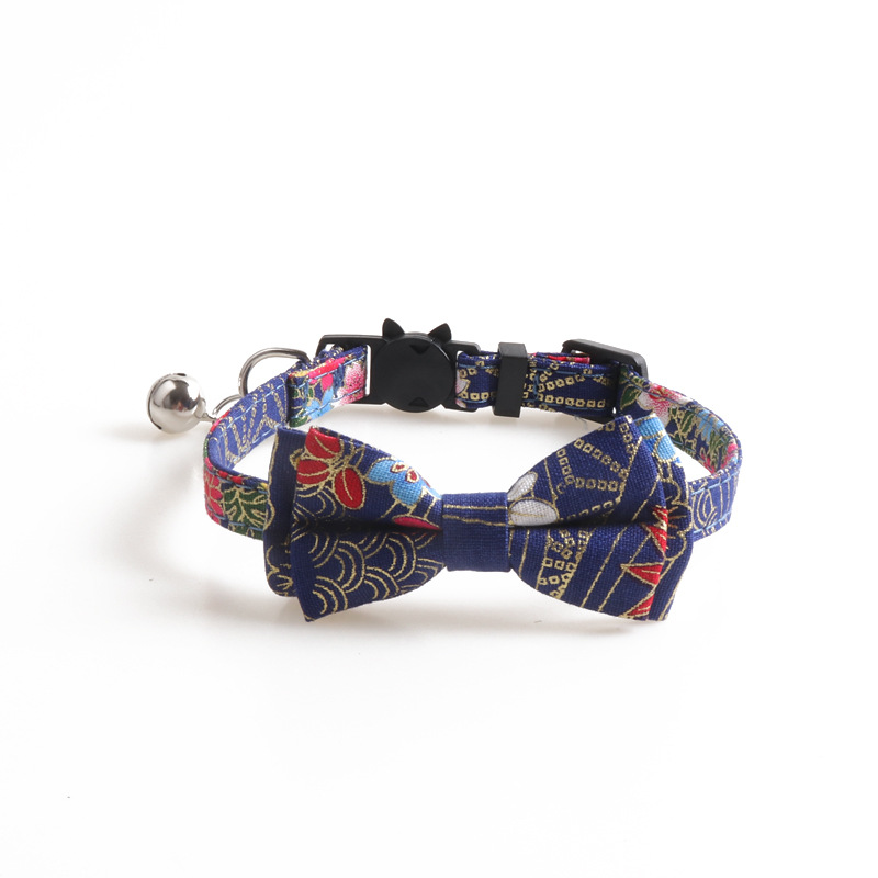 Summer Cat Bow Tie Collar with Bells, Chinese Style Embroidery Pattern Kitty Kitten Collar for Girls and Boys Cats Breakaway Adjustable Collar Blue B8
