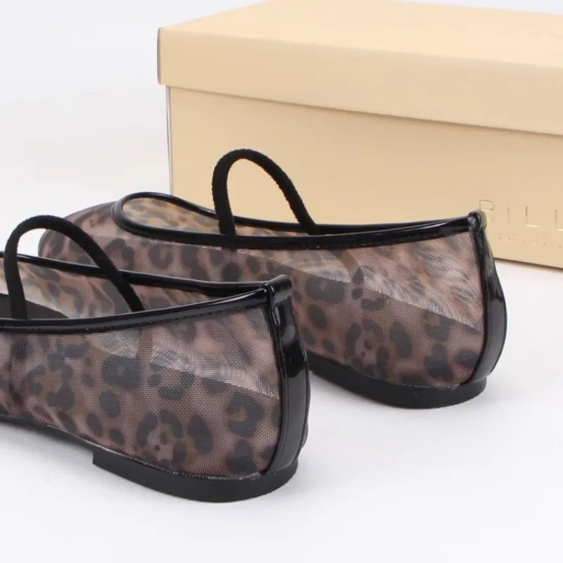 Leopard print mesh shoes women casual transparent ballet flats mary janes shoes Ladies round toe hollow out elegant Loafers 250312