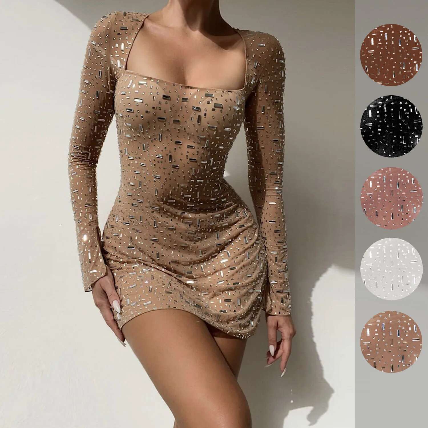 European And American Fashionable Women's Square Neck Long-Sleeved Rhie Light Sexy Dress High-Waisted Short Skirt