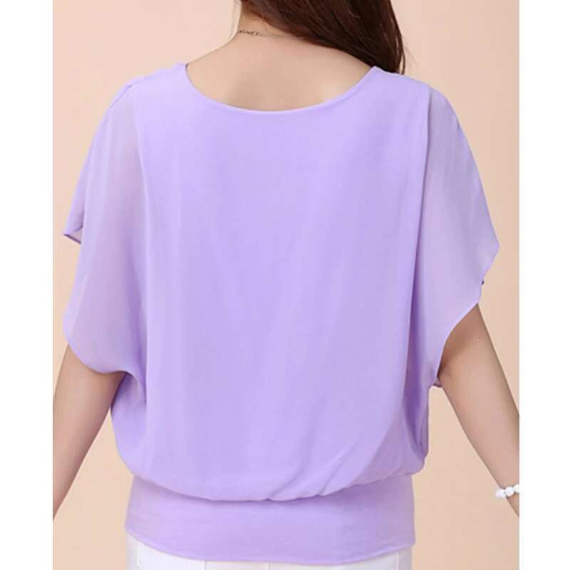 Chiffon Women Top Solid Color O Neck Loose Pullover Batwing Sleeve Ruffle Shirts Blouse Women's Clothing Casual Summertop
