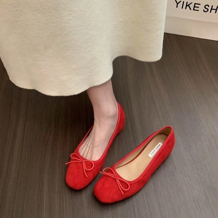 French soft sole single shoe silver womens shoes autumn scoop shoes evening style bow red flat shoes ballet shoes