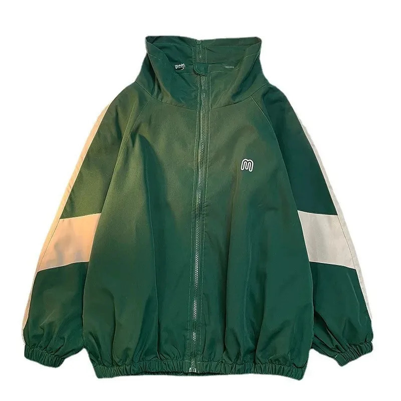 Retro American style loose mens jacket thin spring autumn bedding vertical collar colorful block shaped couple Trenchcoat 250312