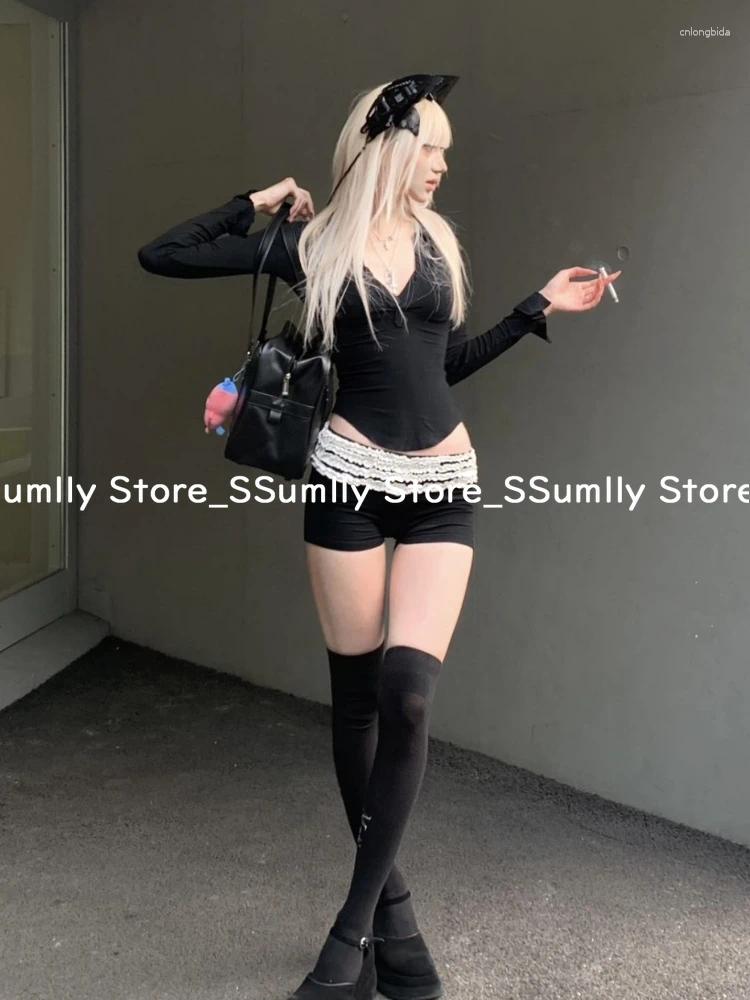 Women's Tracksuits 2025 Summer Korean V-neck Shorts Suit Y2k Slim Long Sleeved Tops Patchwork Pleated Fashion Design 2-piece Set Women