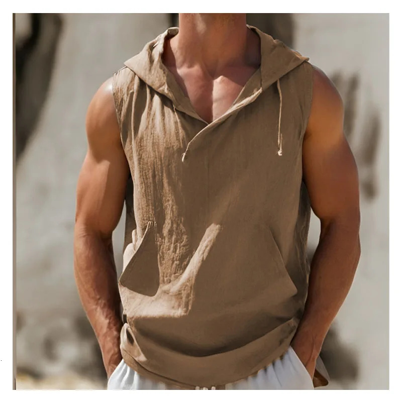 Summer cotton and linen mens sleeveless T-shirt retro casual mens sleeveless sportswear sleeveless T-shirt mens vest 250311