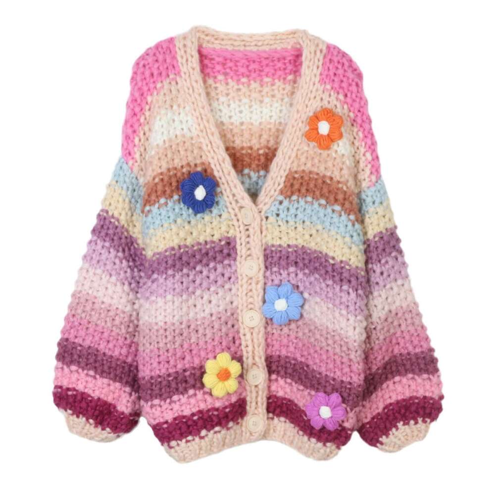 Autumn And Winter New Style Pure Handmade Rainbow Striped Contrasting Flower Jacket For Women's Sweater