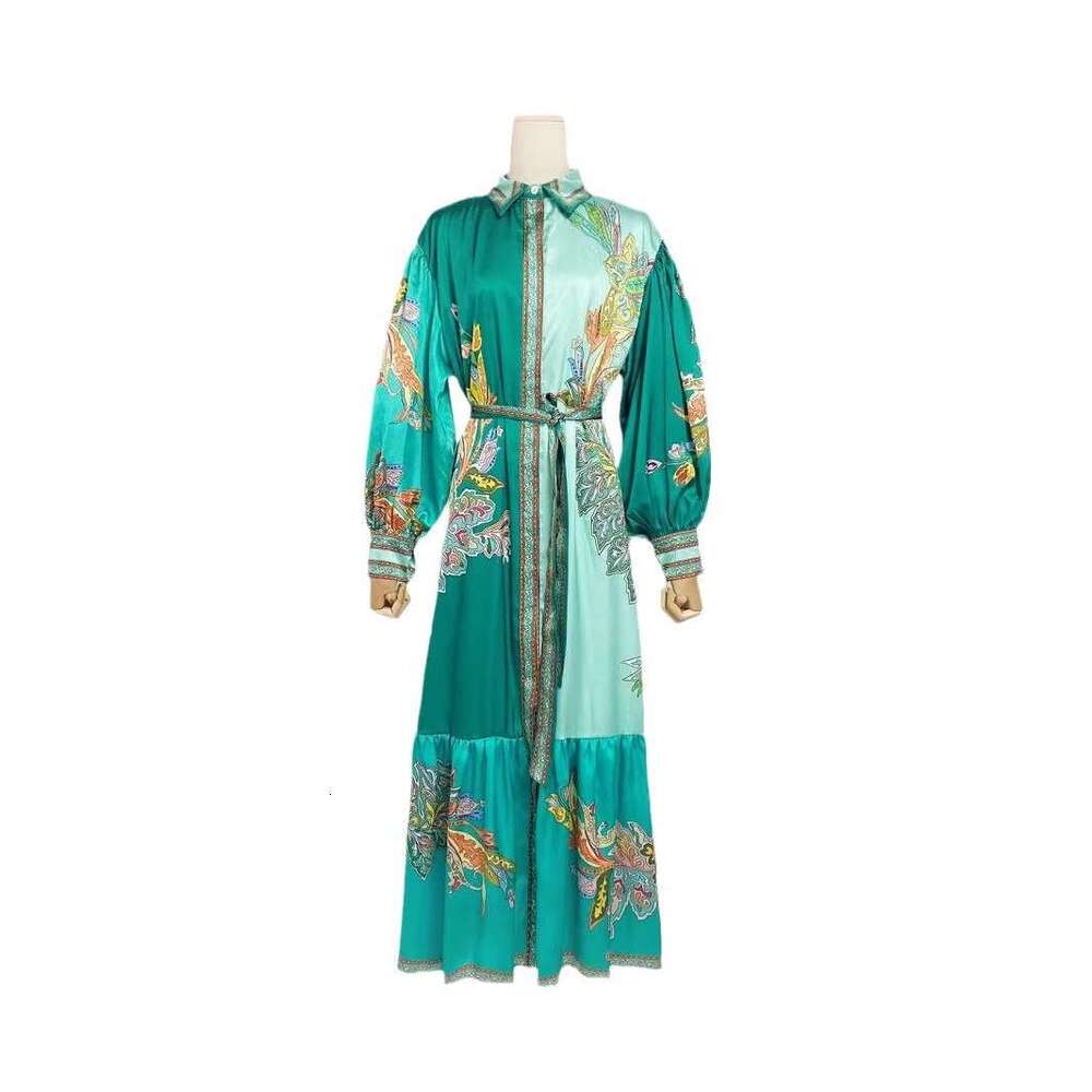 Australian Niche Printed 2024 Autumn And Winter New Item With Lapel, Lantern Sleeves, Waistband, Waist Cinching, Slimming Long Dress