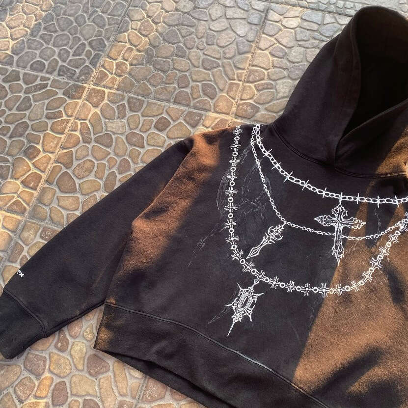 American dark print hoodie with a unique street hip-hop style and loose fitting unisex sweatshirt design