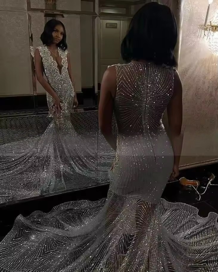 Sier Dia Sparkly Prom Reception Dresses Crystal See Through Evening Birthday Gown robe de soiree femmes 2025 Custom