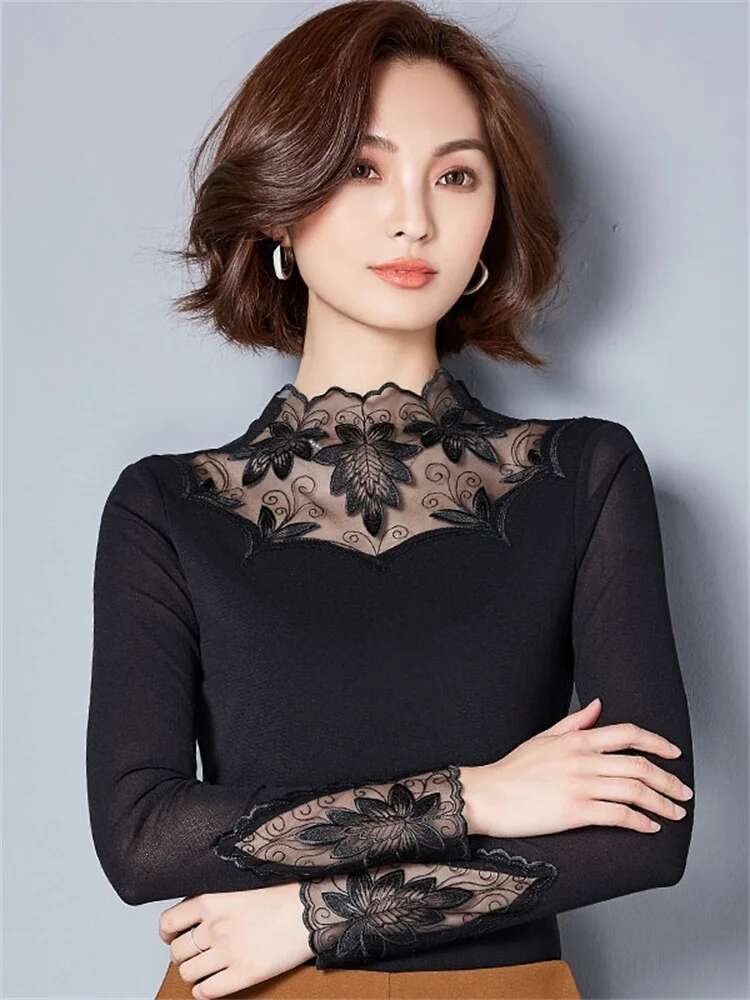 Hollow Out Women Spring Autumn Style Lace Blouses Shirts Casual Long Sleeve Patchwork Spliced Turtleneck Blusas Tops Df1491