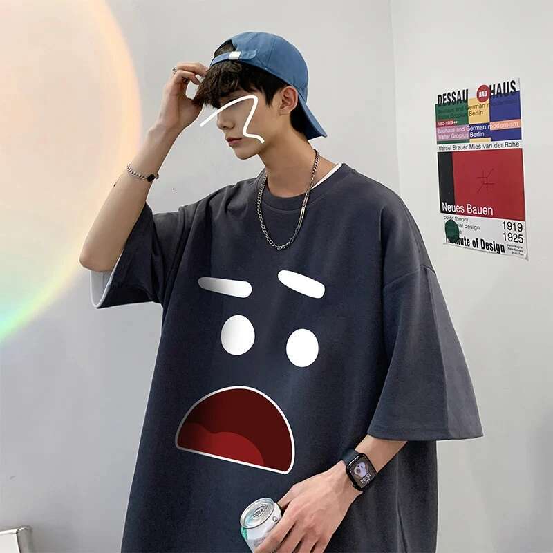 Korean Men's Cotton Oversized T-Shirts Mens T Shirt Casual Summer Wear Emote Fashion Print White Tee Shirts For Men Clothing