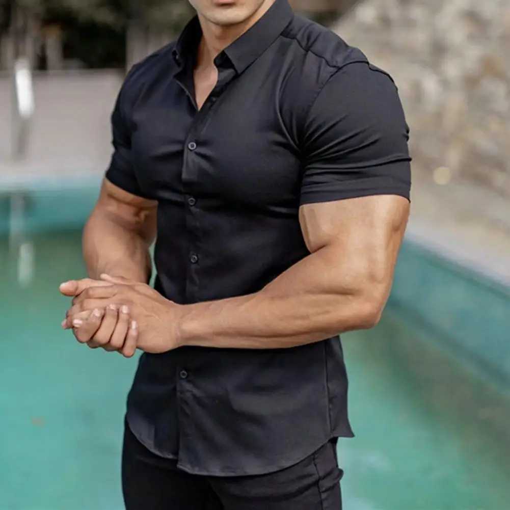 Mens Summer Lapel Short Sleeve Shirt Tops Single Breasted Solid Color Slim Fit Stretchy Anti-wrinkle Business Shirt Workwear W250312