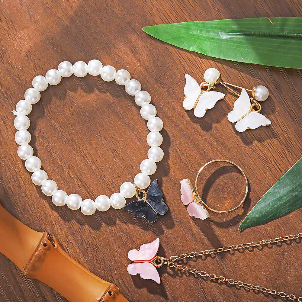 Drip Oil Butterfly Jewelry Set French Pearl Bracelet Popular Necklace Earrings Ring Accessories W250312
