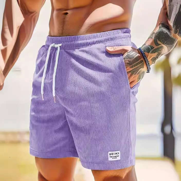 summer solid color lace up sports corduroy simple five quarter men's shorts pants 2025 new casual versatile fashion clothing