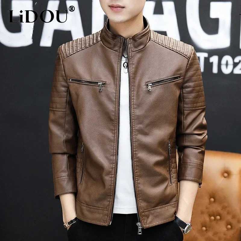 Stand Collar Loose Casual PU Leather Jacket Male Zipper Coat Men Trend Fashion Cardigan Top OutwearT250311