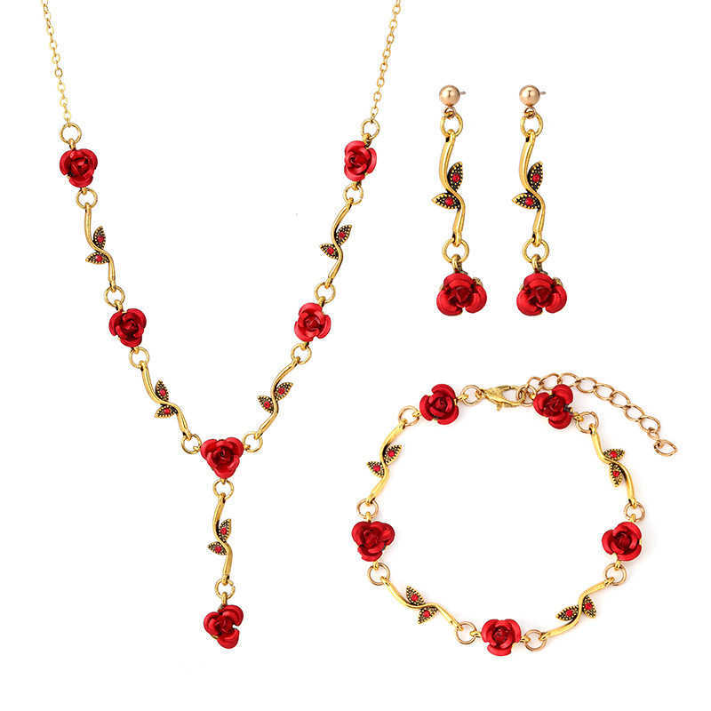 French Rose Blossoms Bracelet Set for Womens Ins Personalized Temperament Red Rose Necklace Bracelet Trendy W250312