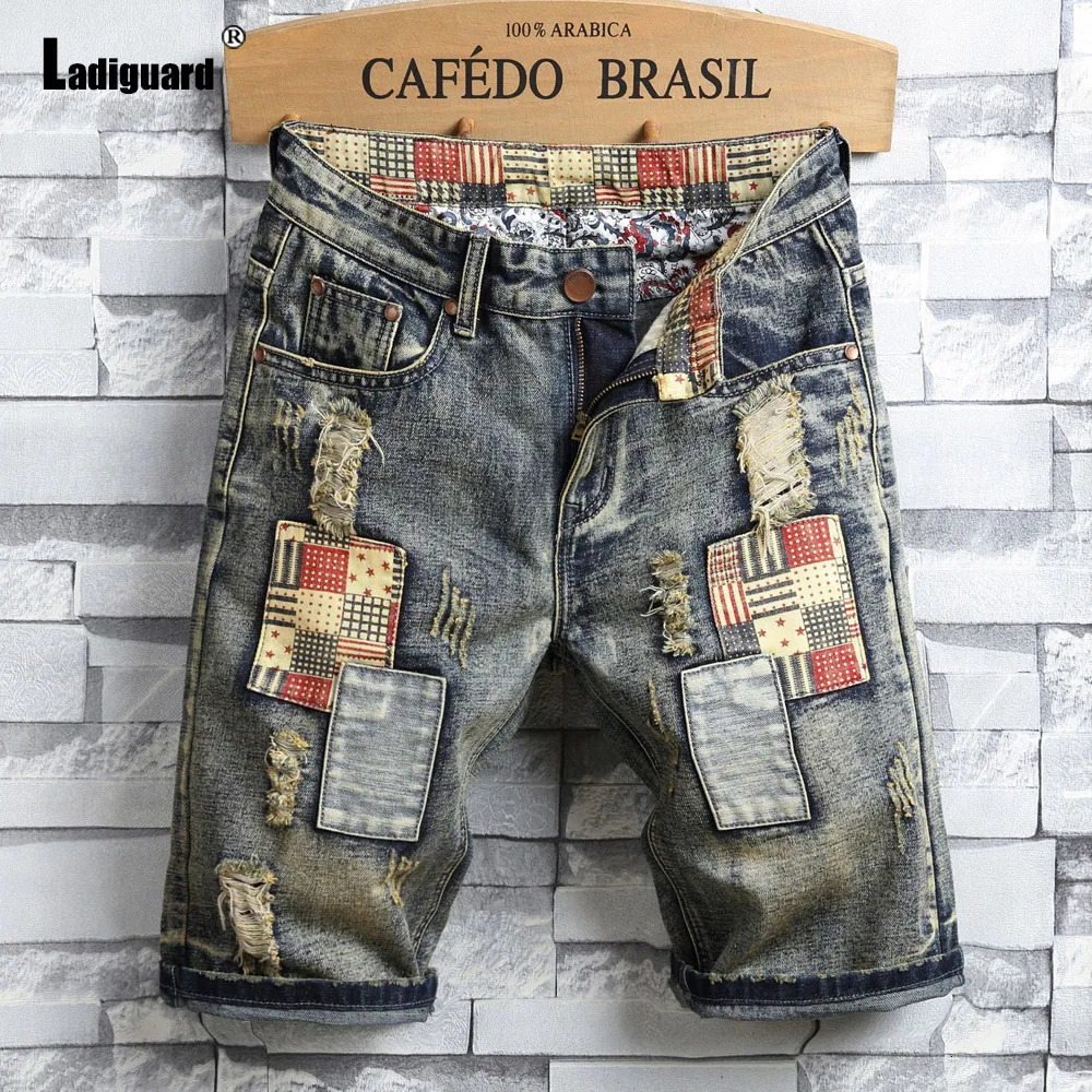 Ladiguard Men Vintage Street Demin Shorts Spring Autumn Fashion Ripped Plus Size Mens Stand Pocket Short Jeans 250312