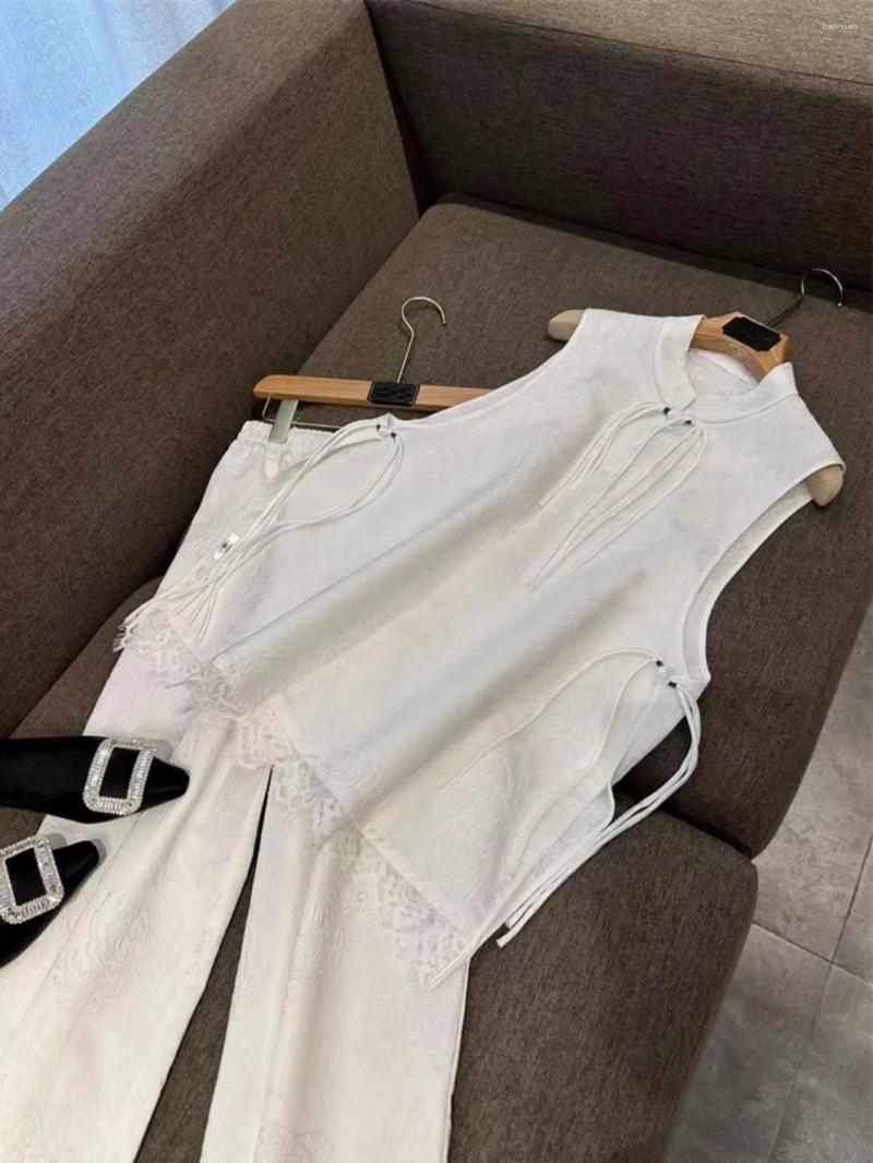 Womens Tracksuits Fashion High End Chinese Style Women Clothing Pan Button Shirt Vest Wide Leg Pants Set Summer Two Piece Outfits