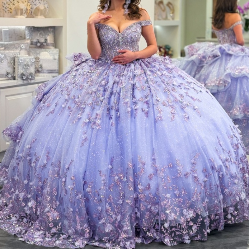 Lavender Shiny Quinceanera Dresses Ball Gown Off The Shoulder Sequin Applique Flower Beading Tull Party Birthday Sweet 16 Dress Vestidos15 Anos
