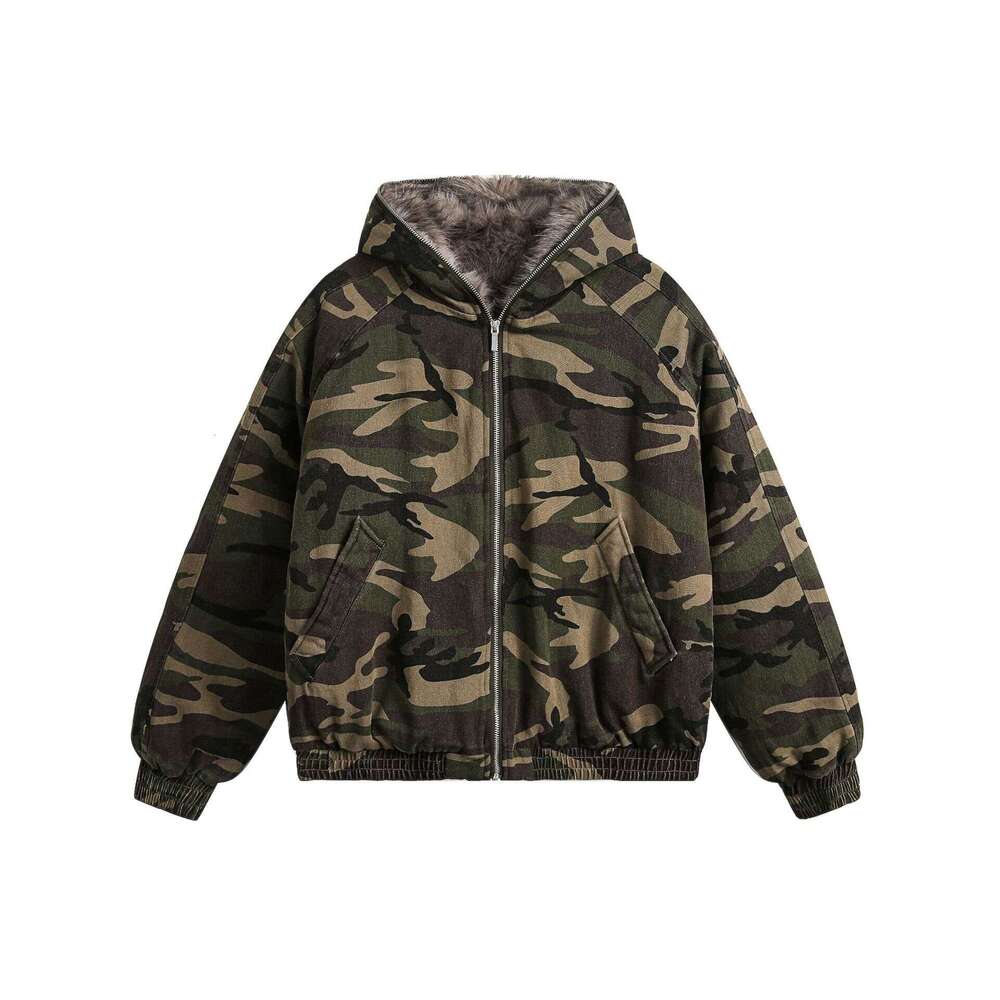 Jiayiku Men's 2024 New Winter Camouflage Breadwear With Velvet And Jacket, American Trendy Brand Cotton Jacket