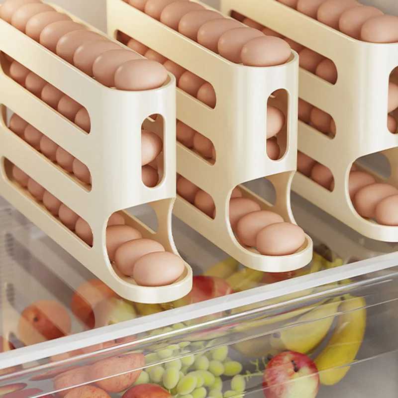 4 Layers Automatic Rolling Holder Rack Fridge Eggs Storage Box Container Kitchen Refrigerator Egg Dispenser Fridge Egg Organizer M250312