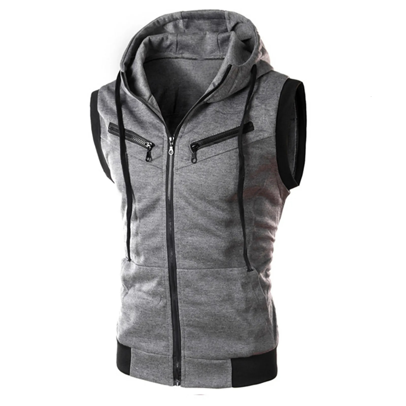 Summer Color Block Sports Mens Zipper Sleeveless Fitness Hoodie Clothing Casual Running Top 250312