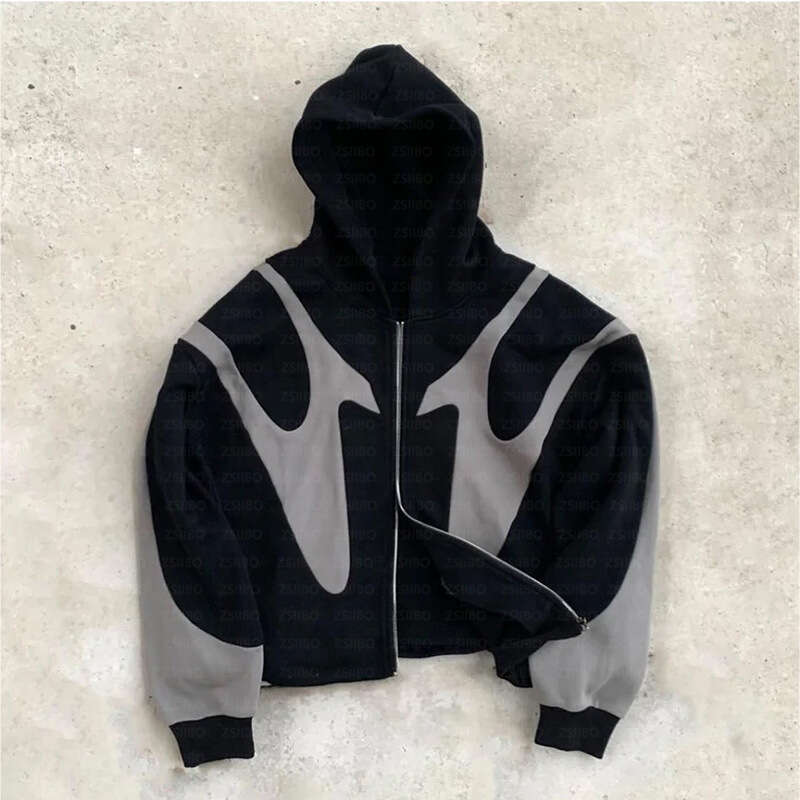 Street Hip Hop Cross Splicing Zipper Y2k Harajuku Coat Hoodie Female
