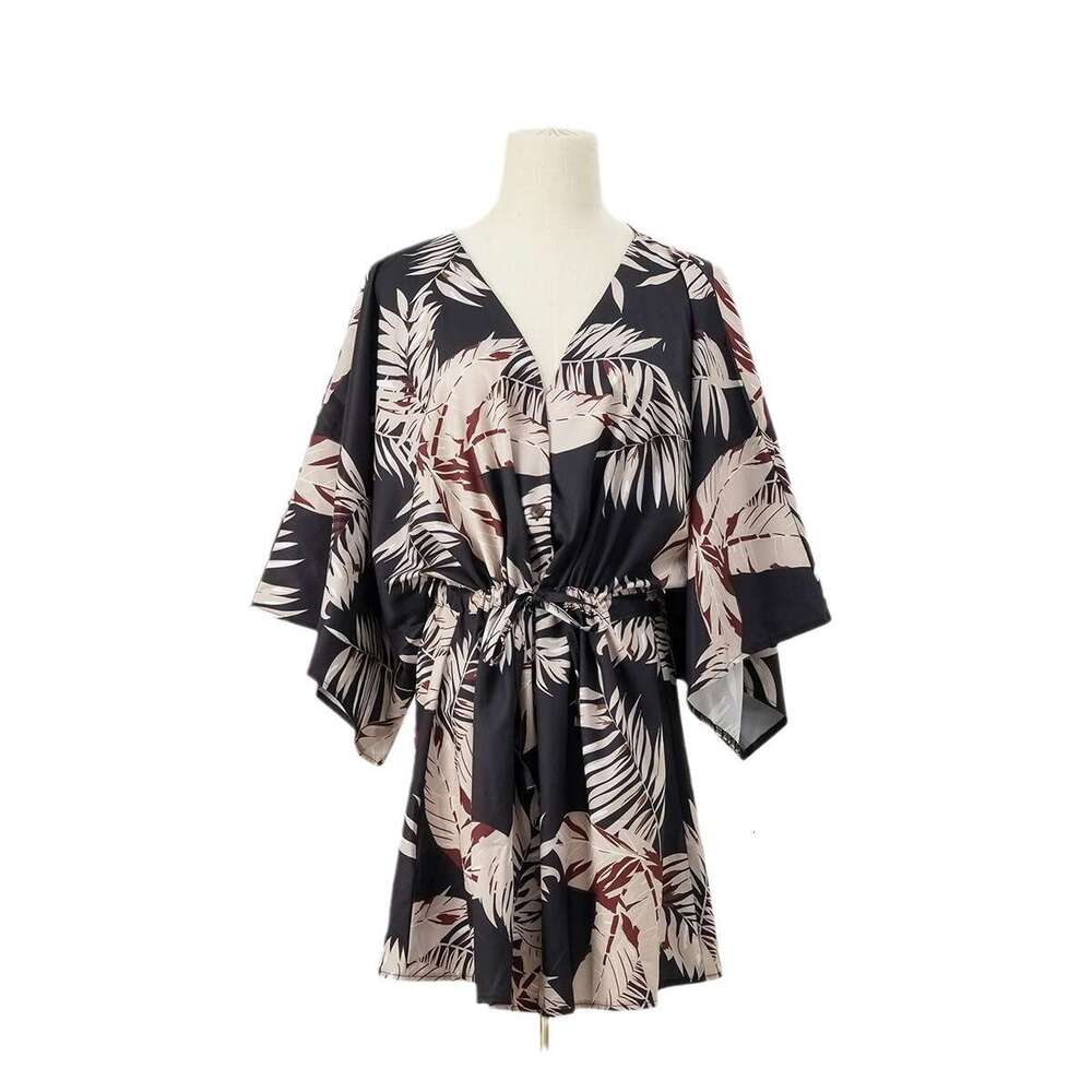 Women's European and American Station Summer Leaf Printed Five Sleeve Dress 2025 New Casual Versatile Fashion Clothing