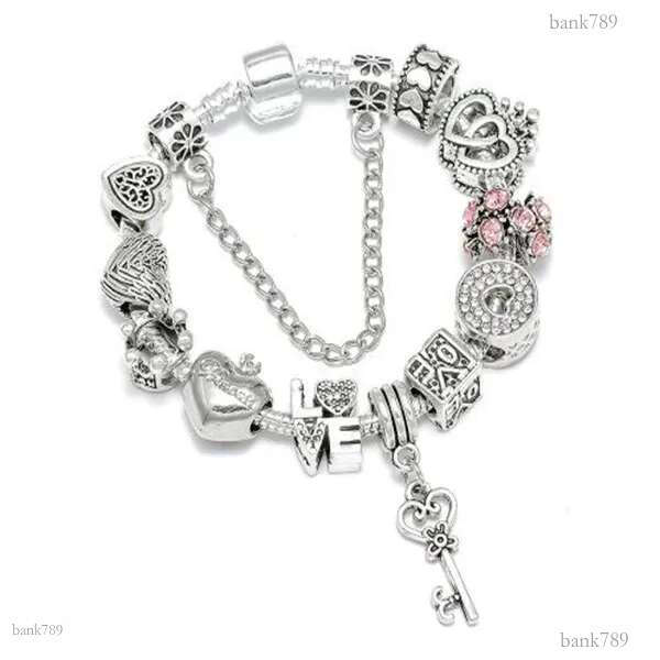 Silver Plated Heart Key Pendant Charm Bracelets For Women Original Girls Princess Crown Beaded Bracelet Wife Jewelry Gc