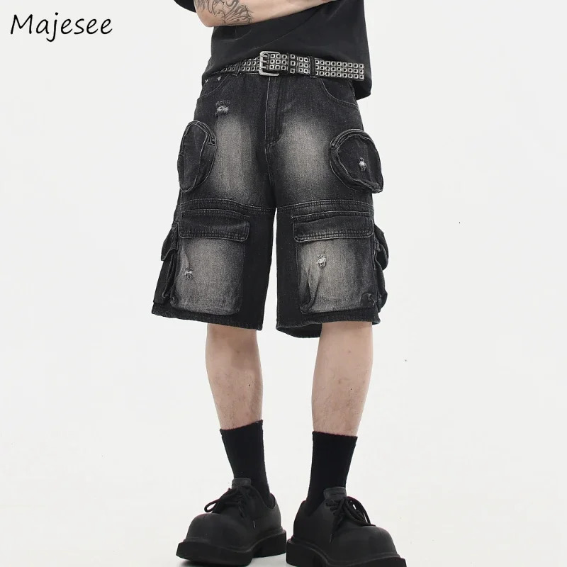 Denim Cargo Shorts Men Vintage Loose Baggy Multipockets Washed Streetwear Handsome Personality Summer American Fashion 250312