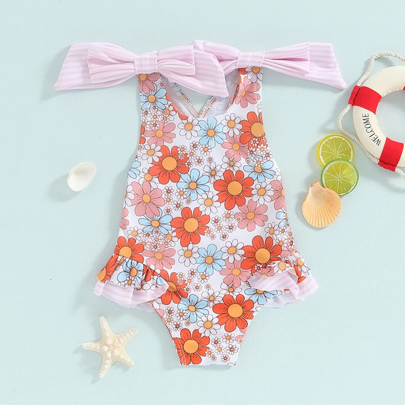 1-6Y Kids Swimwear Girls Bikini Set Sleeveless Bow Straps Floral Bathing Suits Baby Swimsuits Toddler Beachwear 250311