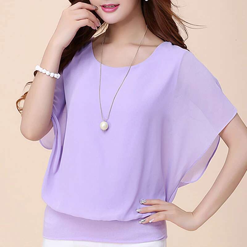 Chiffon Women Top Solid Color O Neck Loose Pullover Batwing Sleeve Ruffle Shirts Blouse Women's Clothing Casual Summertop