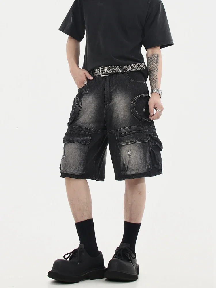 Denim Cargo Shorts Men Vintage Loose Baggy Multipockets Washed Streetwear Handsome Personality Summer American Fashion 250312
