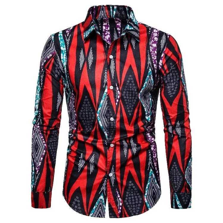 African Traditional Print Mens Shirts Casual Single-Breasted Blouses Long Sleeve Shirt Streetwear Trend Lapel Tops Mens Clothing W250312