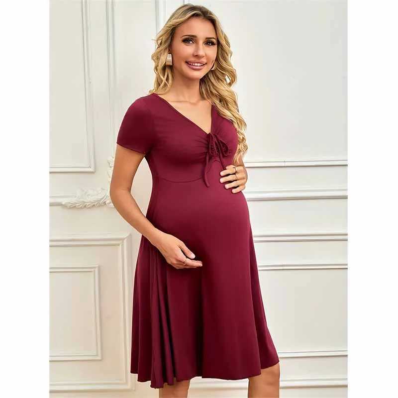 New Pregnancy Woman Dress Solid Photography Clothes Short Sleeve Dresses Soft Maternity V Neck Skirt Photoshoot PropsT250311