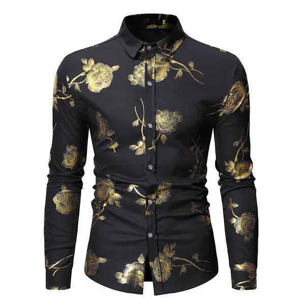 Mens Golden Rose Flower Printed Shirt Brand Flower Steampunk Chemical White Long Sleeve Wedding Party Solid Color Camisa Masculina New W250312