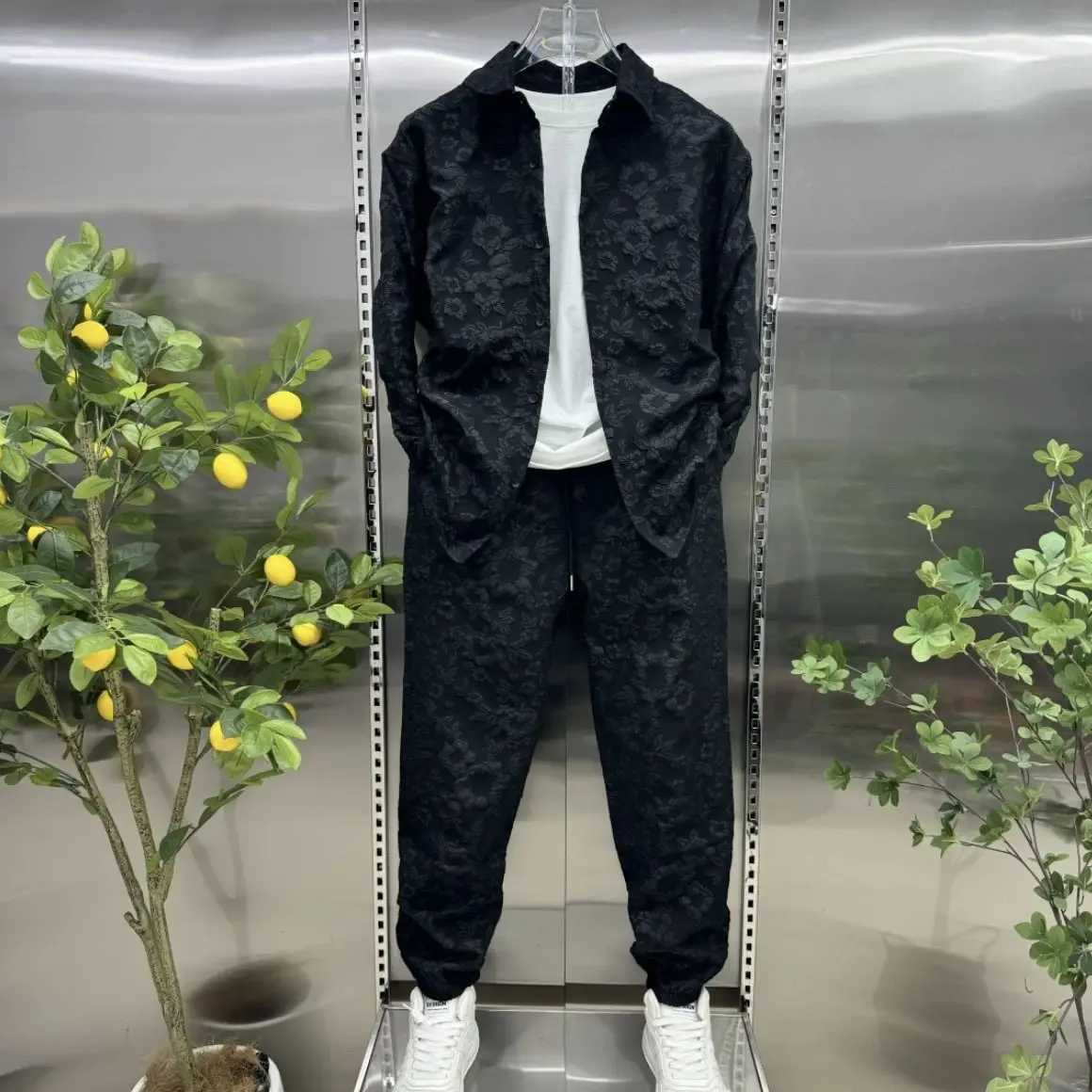New 3D embossed jacquard shirt jacket two-piece pants set fashion brand high-end casual sportswear X250312