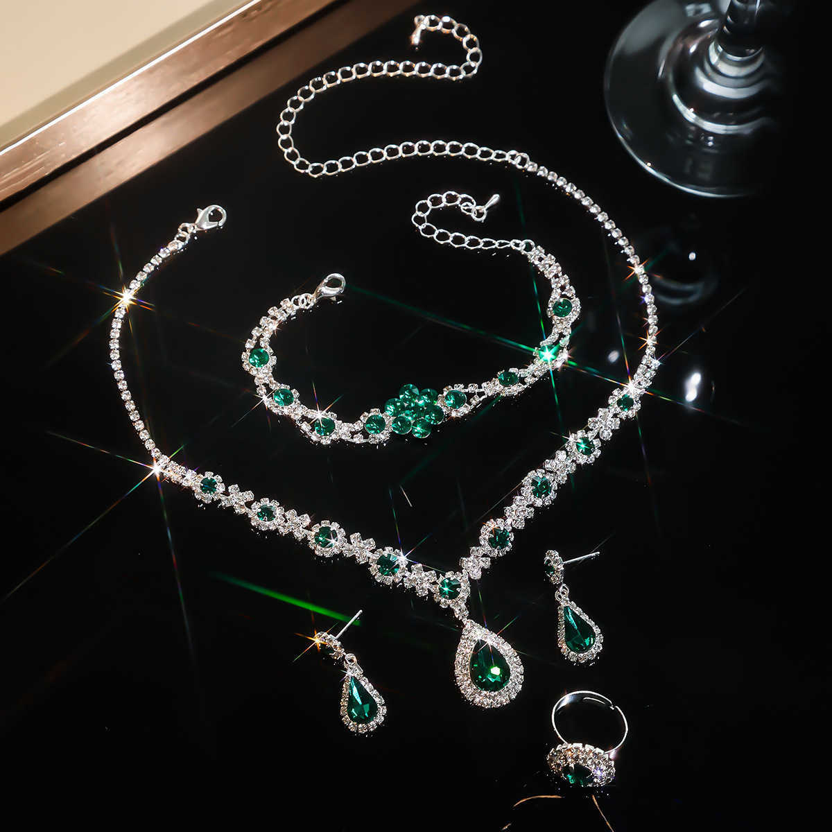 Fashionable green blue and red multicolored rhinestone crystal necklace earrings bracelets rings four piece set W250312