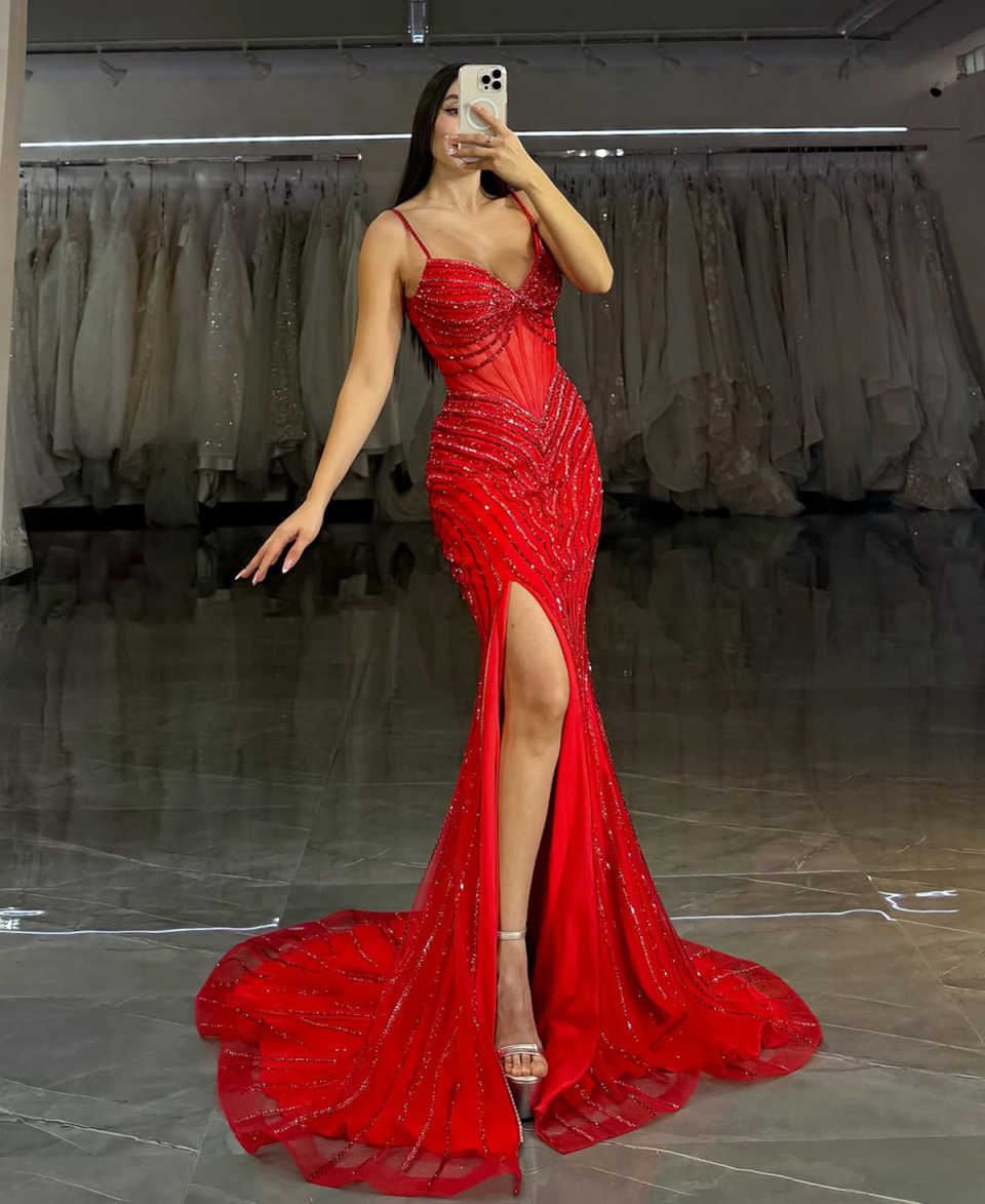 Sexy Mermaid Evening Dresses For Women Sweetheart Neck Spaghetti Strap Gown Sequins Split Side Detachable Train Party Customized Dress