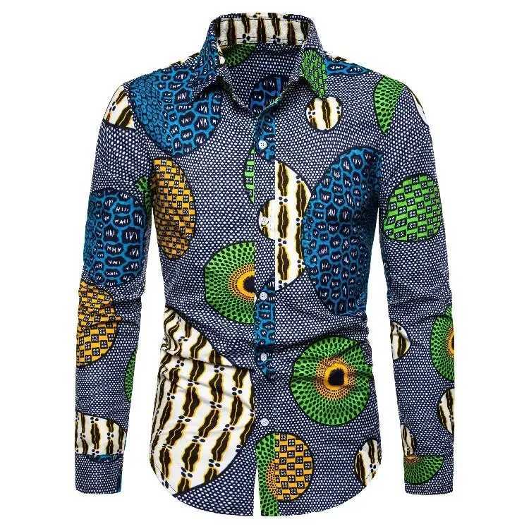 African Traditional Print Mens Shirts Casual Single-Breasted Blouses Long Sleeve Shirt Streetwear Trend Lapel Tops Mens Clothing W250312