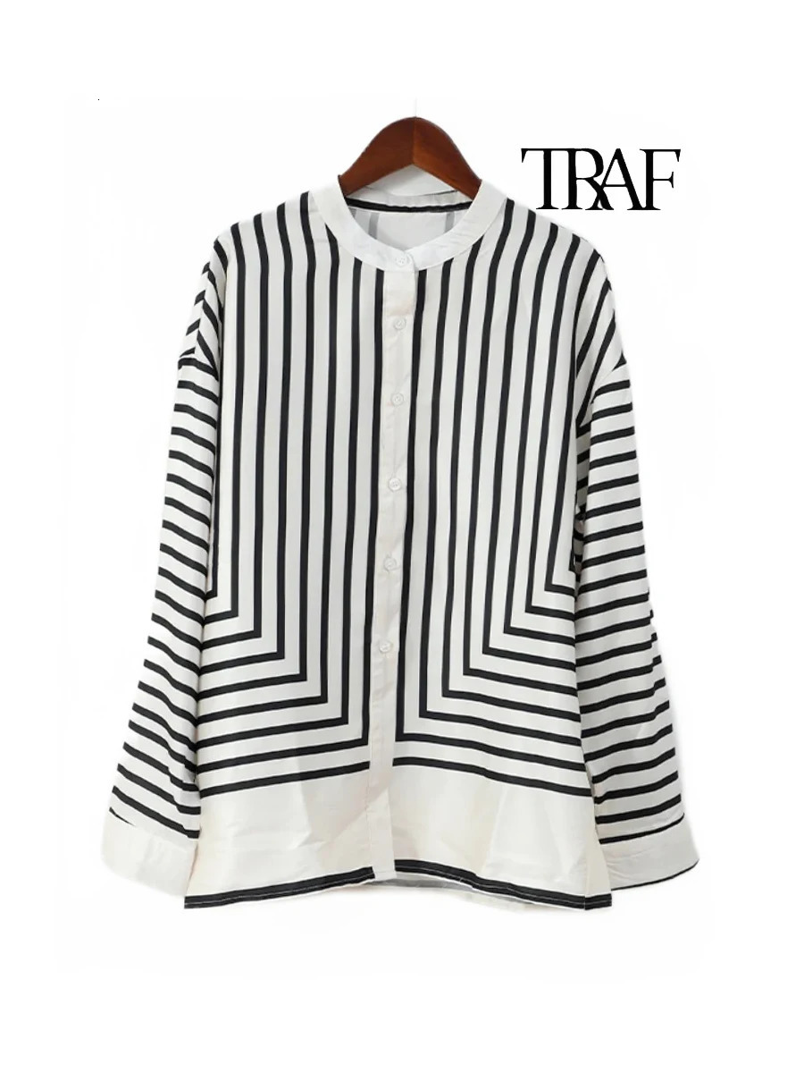 TRAF Womens Casual Striped Printed Satin Silk Shirt Fashion Long Sleeve Lapel Single Ribbon Top Elegant Loose 250311