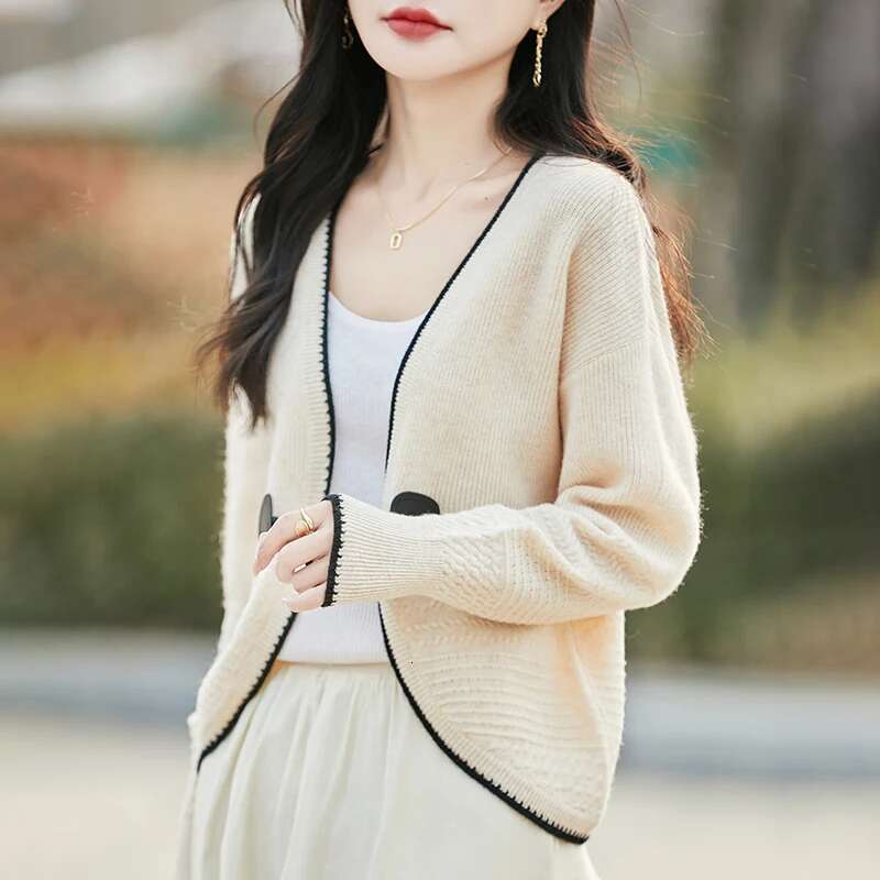 Spring New Long Sleeved Knitted Cardigan Women's V-Neck 100% Wool Trendy Fashion Short Cut Hollow Summer Jacket Sweater
